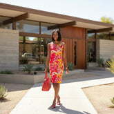 Bold and vibrant Decora knee length dress by Blissfully Brand in retro-inspired floral print, perfect for making a chic statement.